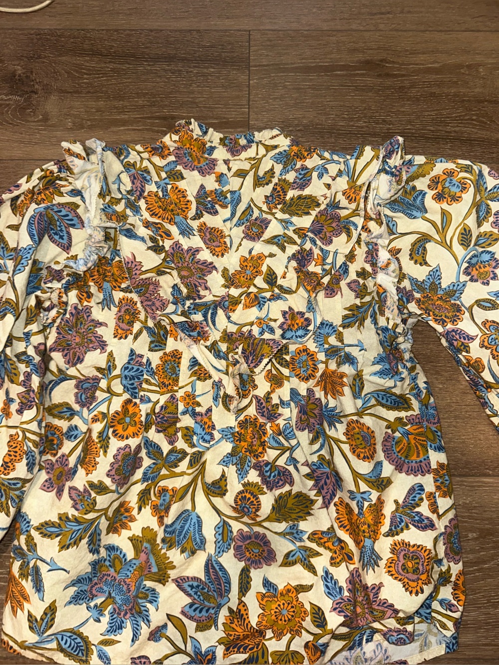 Floral Ruffle-Front Cream Blouse with Multi-Color Print - Picture 3 of 4